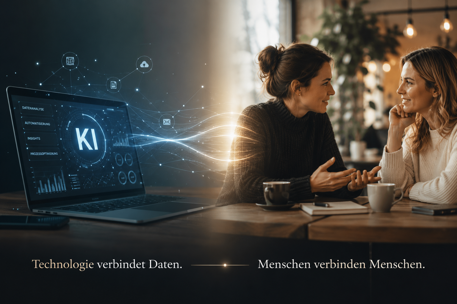 Mensch arbeitet mit Laptop und KI — menschliche Begegnung im Vordergrund