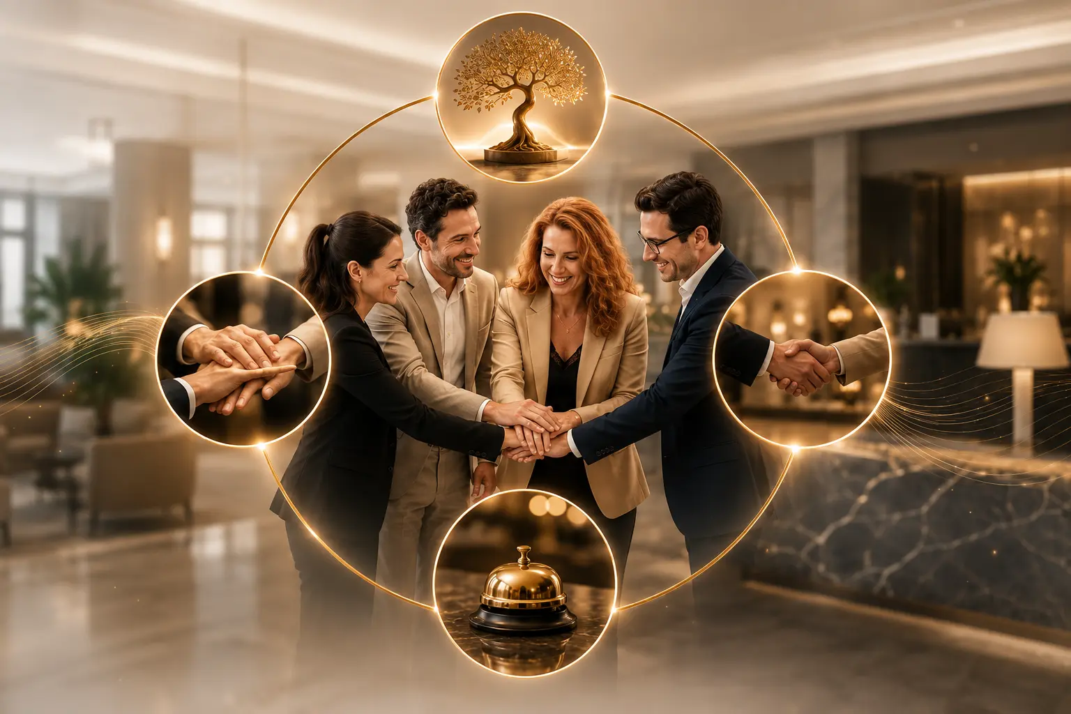 Team legt die Hände zusammen in einer Hotellobby — Symbole für Verbindung, Gastfreundschaft und gemeinsames Wachstum